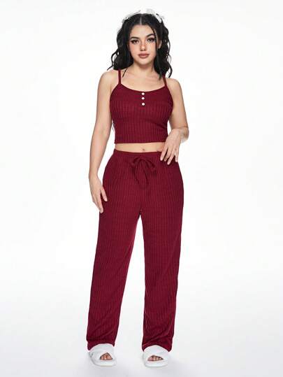 Simple Christmas Soft Fleece Casual Suspender Pants Home Pajamas Set