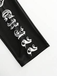 SHEIN Explorewe 青少年女孩哥特式风格字母印花保暖衬里阔腿运动裤，时尚街头服饰暗黑风格 - 黑色 - 查看 3