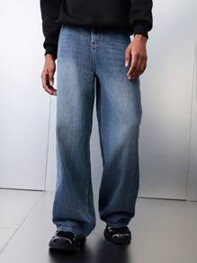 SHEIN Teen Boy Fashion Casual Vintage Blue Cut Out Ripped Frayed Design Comfortable And Simple Baggy Wide-Leg Denim Jeans Boys Cool Outfit/Boys Thanksgiving Outfit For Boys Costume Dailywear And Fall/Winter Teen Boy Clothes