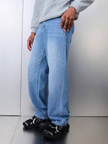 SHEIN Jeans rectos holgados y cómodos de mezclilla azul casual de moda para adolescentes varones, para uso diario y ropa de otoño/invierno para chicos adolescentes