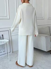 EURMUSE 2 件心形贴花圆领长袖上衣和裤子优雅针织套装 - 杏色 - 查看 2