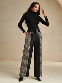 Anewsta Pantalones rectos de ajuste delgado con parches de piel y ED para mujer, otoño/invierno
