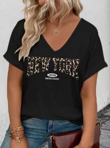 SHEIN LUNE Plus Size Women V-Neck Leopard & Letter Print Short Sleeve T-Shirt, Summer, Spring Break - Black - View 3