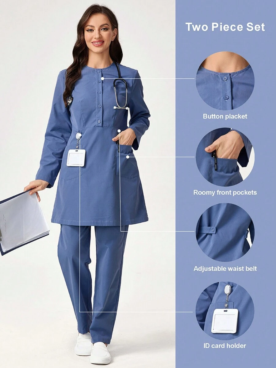 SHEIN TaskFit Solid Color Half Button Front Splicing Pocket Nursing Scrub Uniform Set