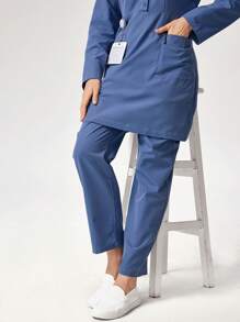 SHEIN TaskFit Solid Color Half Button Front Splicing Pocket Nursing Scrub Uniform Set