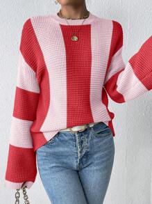 Calvaya Suéter de mujer informal con cuello redondo, contraste de color, hombro caído y manga acampanada, para otoño/invierno