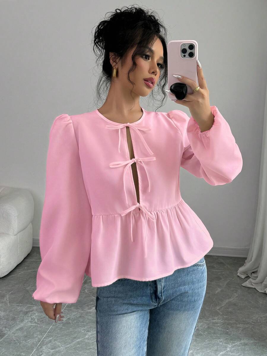 INAWLY Áo Peplum tay dài buộc nơ phía trước giản dị rộng rãi - Hồng - Xem 1