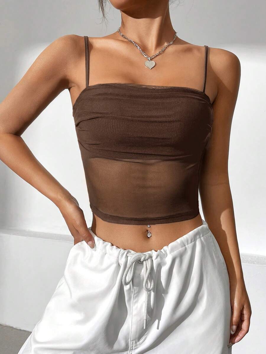 SHEIN EZwear Summer Black TopContrast Mesh Crop Cami Top - Brown - View 1