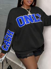 Slaydiva Plus Size Women's Street, Casual, Loose Solid Orange Color Long Sleeve Plus Size Pullover Sweatshirt With "Only Cash" Text Graphic, Autumn/Winter - Black - View 1