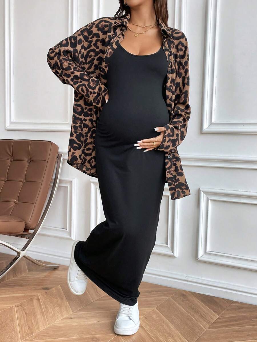 SHEIN 2pcs Maternity Leopard Print Drop Shoulder Long Sleeve Shirt & Sleeveless Dress Set, Casual Style, Autumn - Blue - View 1