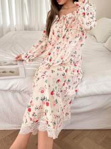 Dream Adore Cute Cartoon Pattern Flared Long Sleeve Nightgown Babydoll, Summer Holiday Season - Apricot - View 3
