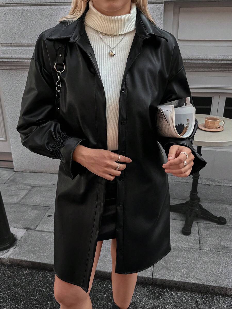 SHEIN LUNE 女士午夜之吻黑色仿皮领迷你吊带裙 - 黑色 - 查看 1