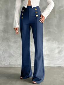 SHEIN Tall Tall Size Double Breasted Decorative Flared Trousers - Navy Blue - View 3