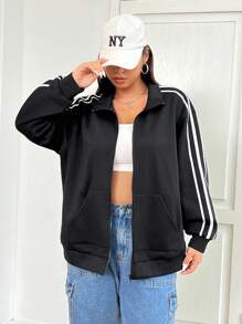 SHEIN EZwear Áo khoác hoodie đen chắp vá tay áo cỡ lớn cho nữ - màu đen - Xem 5
