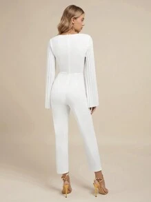 SHEIN Clasi 女士优雅 V 领白色长款褶皱喇叭袖连体裤 - 白色 - 查看 3