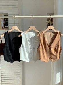 Comfortcana 3 piezas Chaleco con botones delanteros liso para mujer de talla grande, blusa de otoño - Multicolor - Ver 7