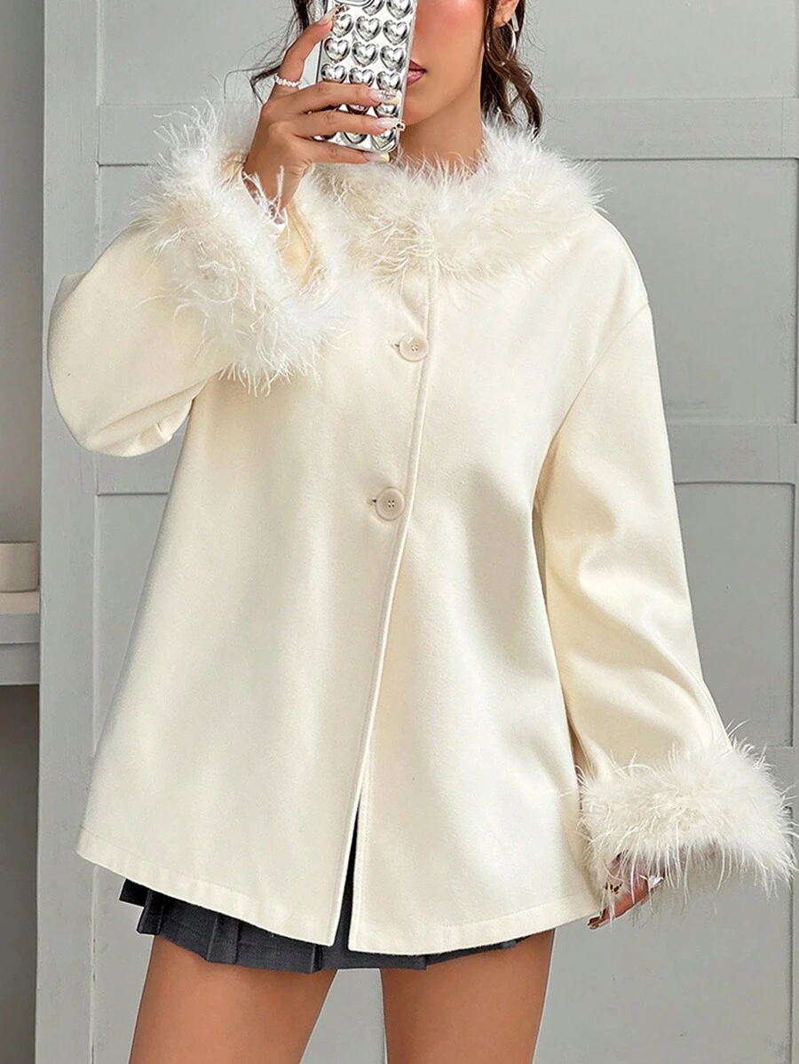 SHEIN EZwear 女士蓬松拼布前扣长袖大衣 - 米色 - 查看 1