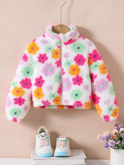 SHEIN Young Girl Colorful Flower Pattern Stand Collar Long Sleeve Zip Up Mock Neck Thermal Teddy Jacket , Fleece Cardigan ,Warm & Comfortable ,Great For Casual & Daily Wear & School Daily In Autumn & Winter,For Christmas