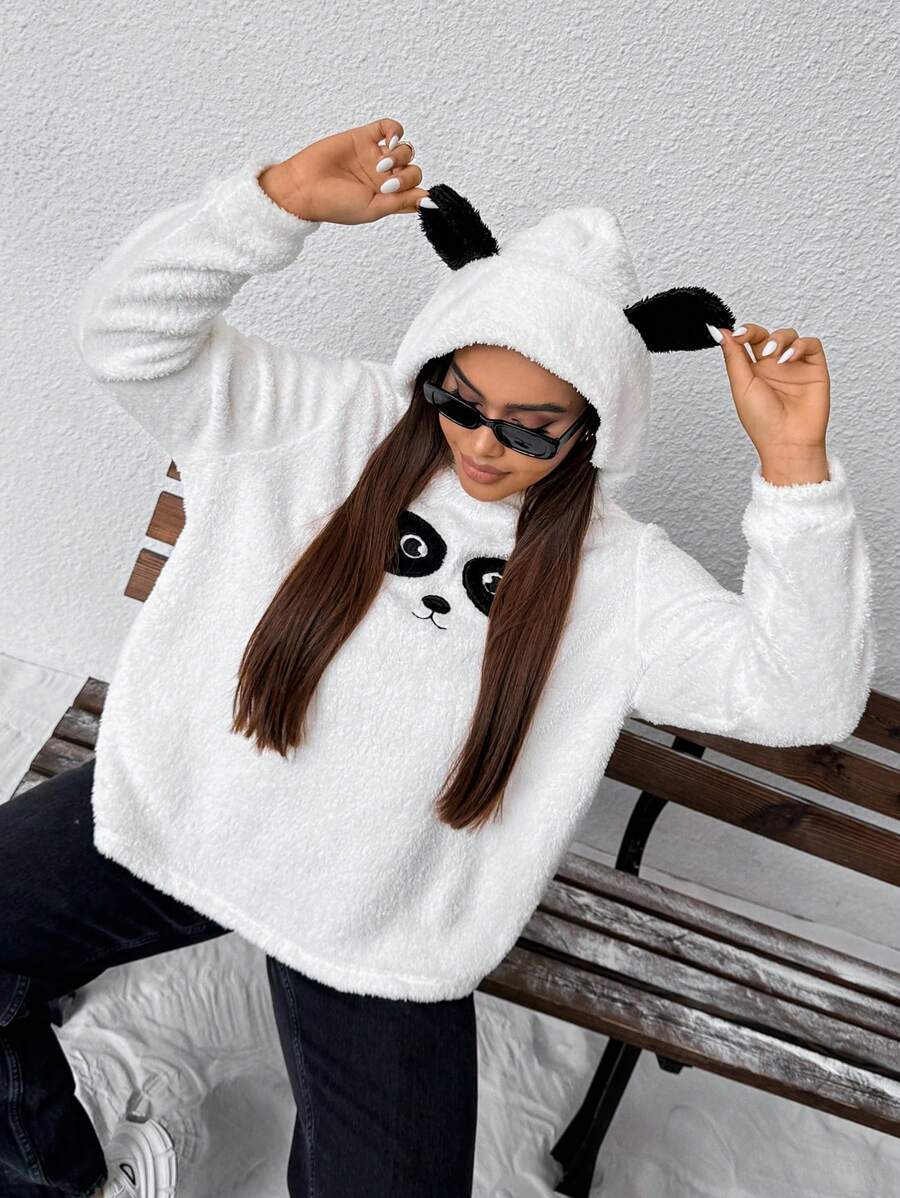 SHEIN Essnce 大码女式毛绒连帽衫、可爱熊猫连帽衫、毛绒家居服可爱上衣、圣诞女装内外装、毛绒上衣冬季女装