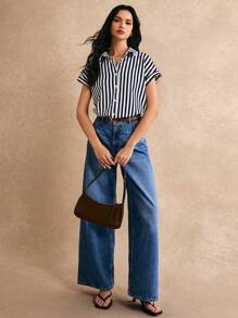Poéselle Của phụ nữ Sọc tay cánh Áo sơ mi - Màu xanh hải quân - Xem 4
