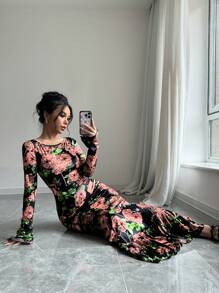 Chiquease Women Full Floral Print Crew Neck Long Sleeve Casual Dress Maxi Women Outfit - Pink - View 5