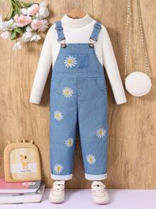 Quần yếm denim in họa tiết hoa cúc đơn giản cho bé gái, thiết kế cổ điển, vải mềm mại, thoải mái, tôn lên nét ngọt ngào và cá tính, thích hợp mặc ngoài trời và hàng ngày vào mùa thu đông - Màu xanh lam - Xem 1