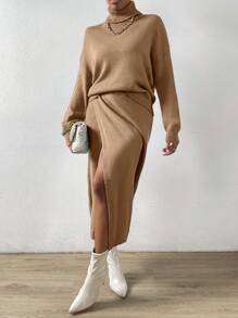 Chiquease 2 stuks/set dames effen kleur hoge hals drop schouder lange mouw trui & wikkel zoom gebreide rok casual outfit, herfst/winter