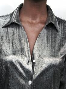 Maija Women's Silver Metallic Shiny Long Sleeve Turndown Collar Single Breasted Party Casual Fashion Blouse, Early Spring - Silver - View 4
