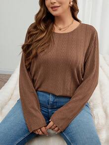 SHEIN LUNE Plus Size Casual Long Sleeve Textured Fabric T-Shirt With Curved Hem, Suitable For Autumn/Winter Holiday Outfit