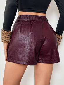 SHEIN Essnce Leather Women Pants Burgundy Red Leather Pants Women's Fashionable Crocodile Embossed Shorts, Summer - Red - View 3