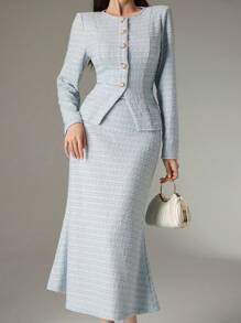 Heiryn 2pcs Set: Women Elegant Front Button Cinched Waist Top And Fish Tail Hem Skirt, Autumn 2 Pieces Set