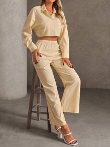 INAWLY 2pcs Women's Solid Color Button Front Blouse & Casual Pants Set, Vacation - Yellow - View 5