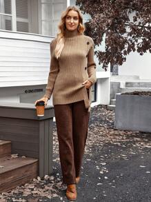 Miaspire Women's Turtleneck Ribbed Side Slit Button Sweater Brown Vest Yellow Long Sleeve Brown Top Winter Women Outfits Fuzzy Top Orange Long Sleeve Brown Corset Top Costume Winter Women Dress Brown Long Sleeve Fall Women Outfits