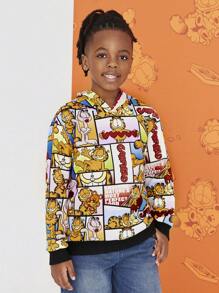GARFIELD | SHEIN Tween Boy Casual Cartoon Patchwork Print Drop Shoulder Loose Hoodie Sweatshirt - Multicolor - View 3