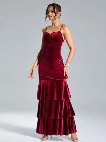 SHEIN Belle Váy dạ hội thời trang mùa thu đông cho nữ, váy nhung co giãn ba lớp bèo nhún cỡ lớn màu đỏ tía, váy dạ hội trang trọng cho nữ, thiết kế xếp nếp ba lớp tạo cảm giác thời trang và vui tươi, thích hợp cho tiệc tối và Giáng sinh, váy dạ hội thanh lịch, cho khách dự tiệc cưới, tốt nghiệp, tiệc tối - Màu Đỏ Sâu - Xem 5