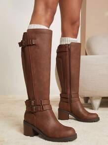 SHUZIA 女式纯色高跟扣膝长靴，秋冬款 - 卡其色 - 查看 2