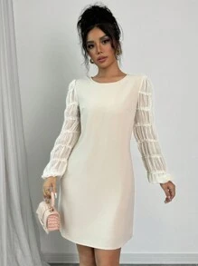 Chiquease Đầm dài tay rộng rãi, dáng suông, cổ tròn, xếp ly, chất liệu voan trơn màu, dáng rộng, thường ngày - Màu be - Xem 6