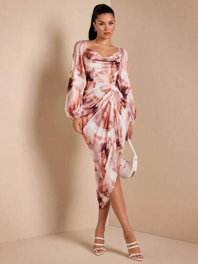 SHEIN BAE Women's Elegant & Sexy Party/Date Dress, Drapey Draped Neck With Asymmetrical Hem Slit, Long Sleeve, Tie Dye Color Block Printed Satin Midi Dress For Halloween Party, Autumn/Winter