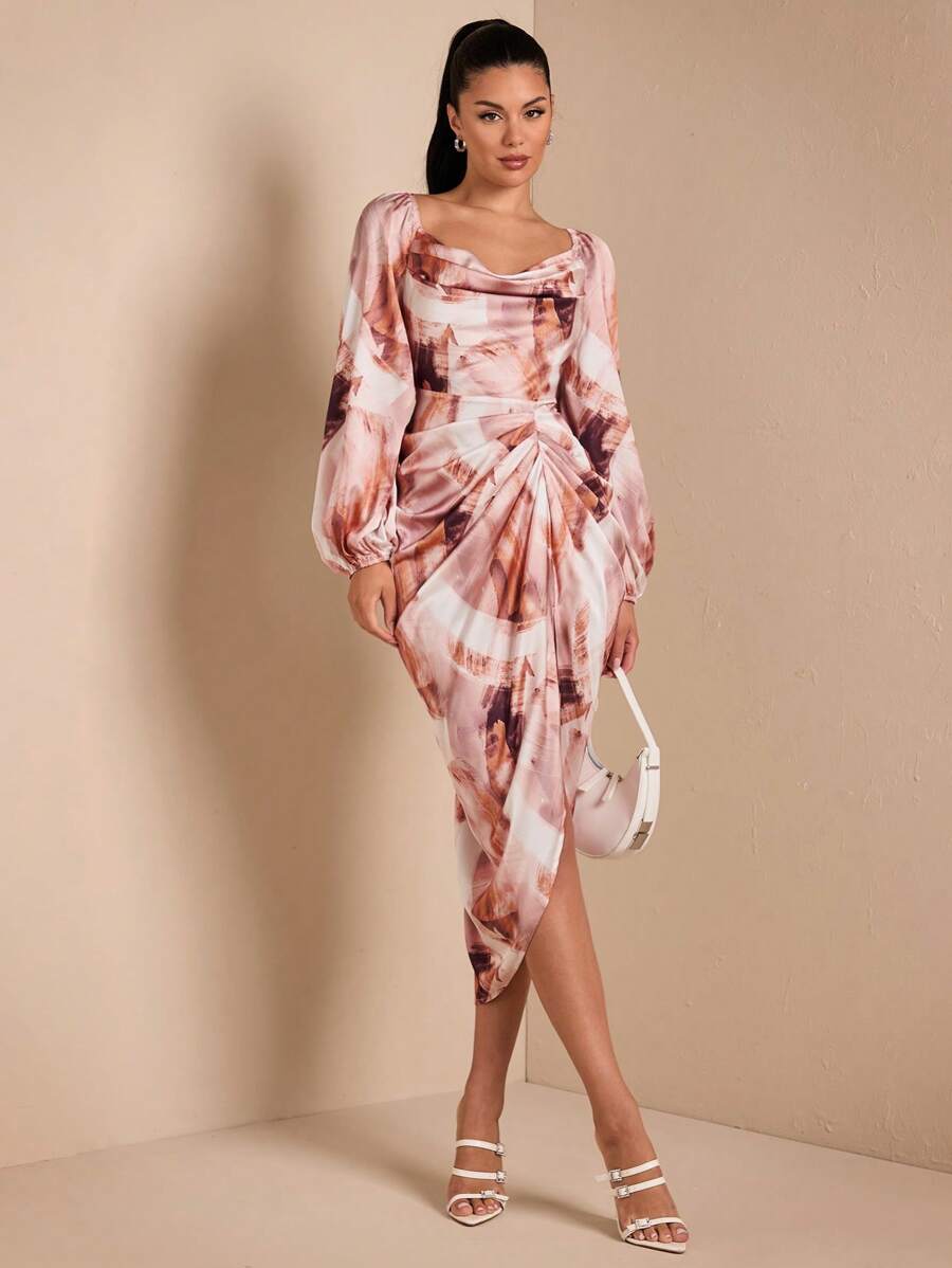 SHEIN BAE 女士优雅性感派对/约会连衣裙，垂坠领口，不对称下摆开衩，长袖，扎染色块印花缎面中长连衣裙，适合万圣节派对、秋冬季 - 彩色 - 查看 1