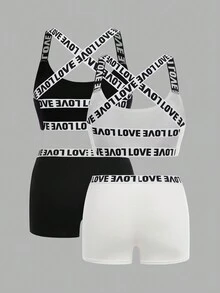 SHEIN Bộ 4 áo ngực không gọng có đệm trang trí chữ cái đơn giản và thoải mái cho bé gái tuổi teen kèm quần lót mềm mại - Đen và trắng - Xem 2