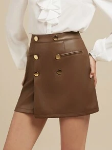 SHEIN Clasi Elegant Women's Brown Metal Button Decoration And Asymmetry In Winter, PU Skirt With Back Zipper - Brown - View 3