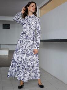 Aveloria 1pc Random Floral Print Button-Up Long Sleeve Pleated A-Line Dress For Women