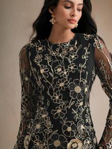 Anewsta Women Floral Embroidered Mesh Round Neck Elegant Long Sleeve Short Mini Dress