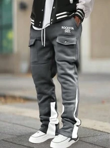 Manfinity Homme Men's Letter Print Drawstring Waist Cargo Pocket Casual Sweatpants, For Rave - Dark Grey - View 1