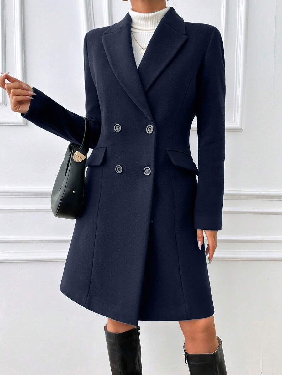 EURMUSE Lapel Neck Double Breasted Woolen Overcoat - Black - View 1