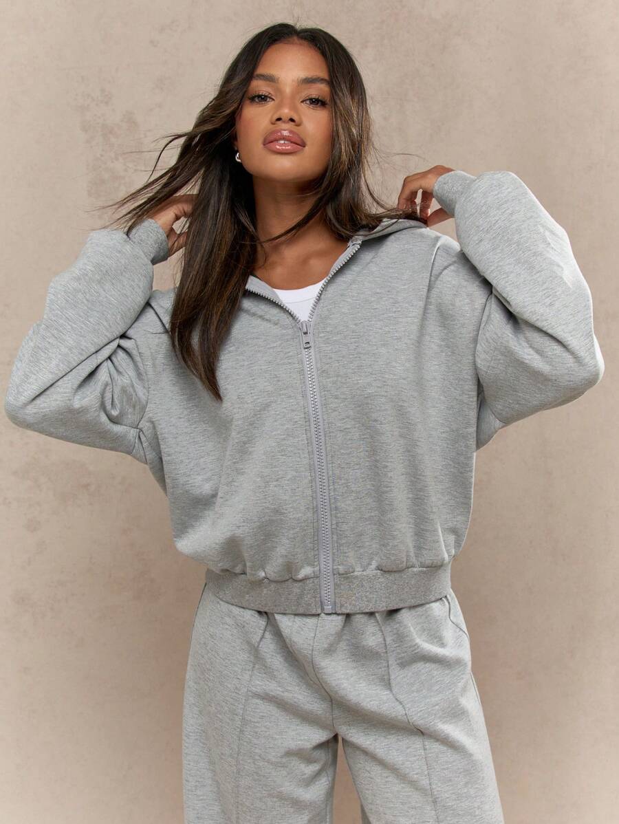 MISSGUIDED Athletic Full Zip Sweatshirt Cropped Bomber Style Workout Jacket Loungewear Casual Sports Activewear Fall Winter Essential - Grey - View 1