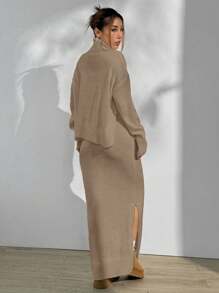 Flirla Set da 2 pezzi di maglione casual in maglia a collo alto con maniche lunghe e gonna midi con orlo spaccato