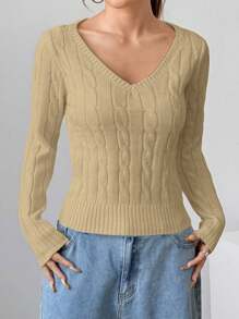 Flirla بلوزة نسائية ذات رقبة على شكل V من محبوك كبليه، بطراز كاجوال مناسبة للخريف/الشتاء