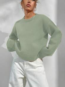 Flirla 女士休闲日常宽松纯色套头毛衣，秋冬 - 綠色 - 查看 1