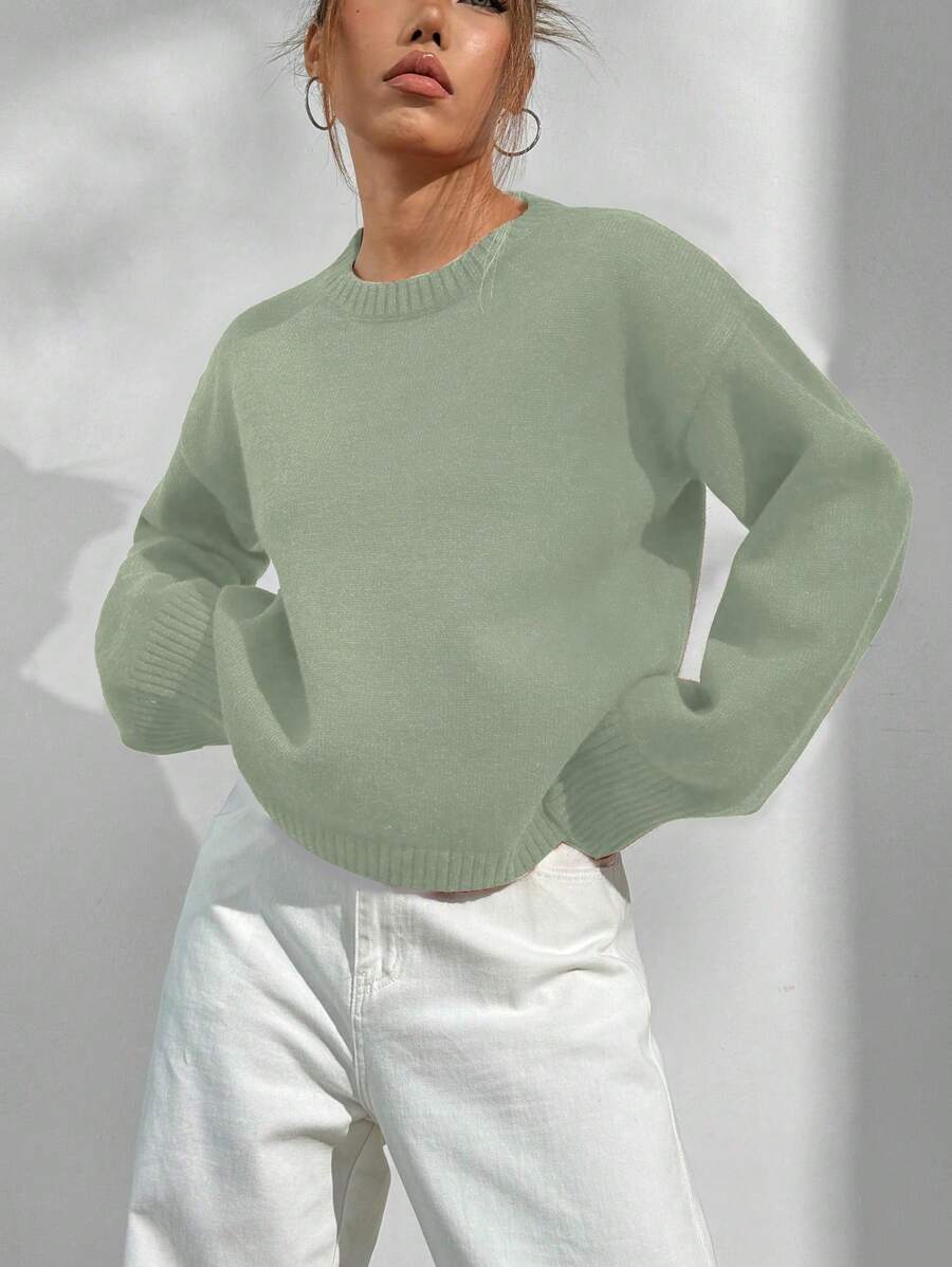 Flirla 女士休闲日常宽松纯色套头毛衣，秋冬 - 綠色 - 查看 1